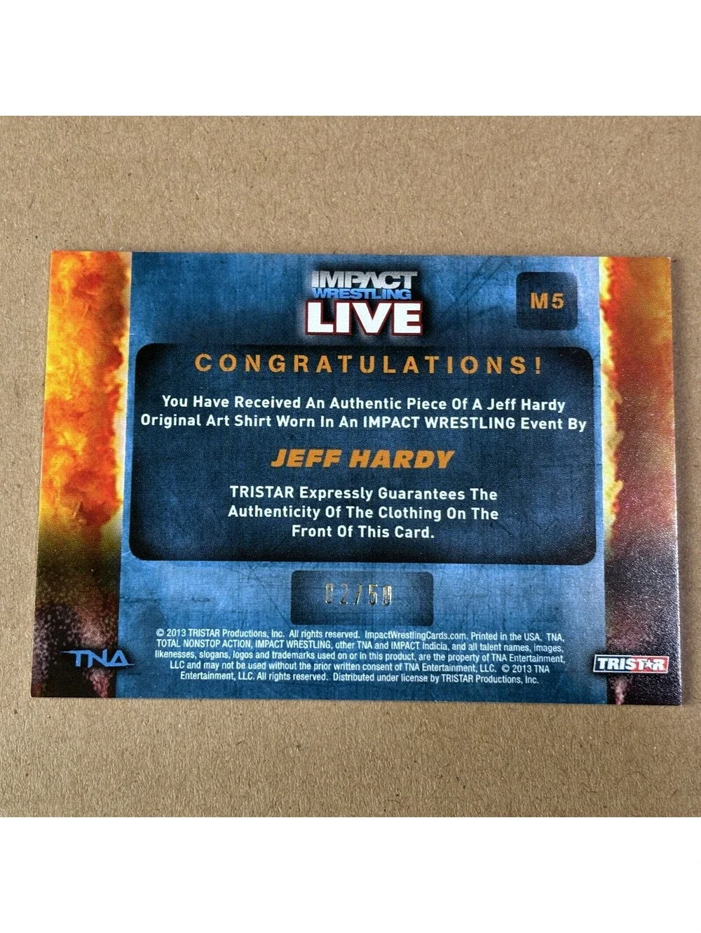 2013 TRISTAR TNA Impact Wrestling Live Jeff Hardy #M5 Gold #/50